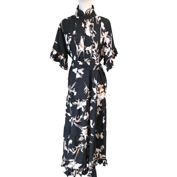 Sue Sartor by antrhopologie Floral Maxi Dress Mandarin Collar Belted Large - Picture 4 of 16